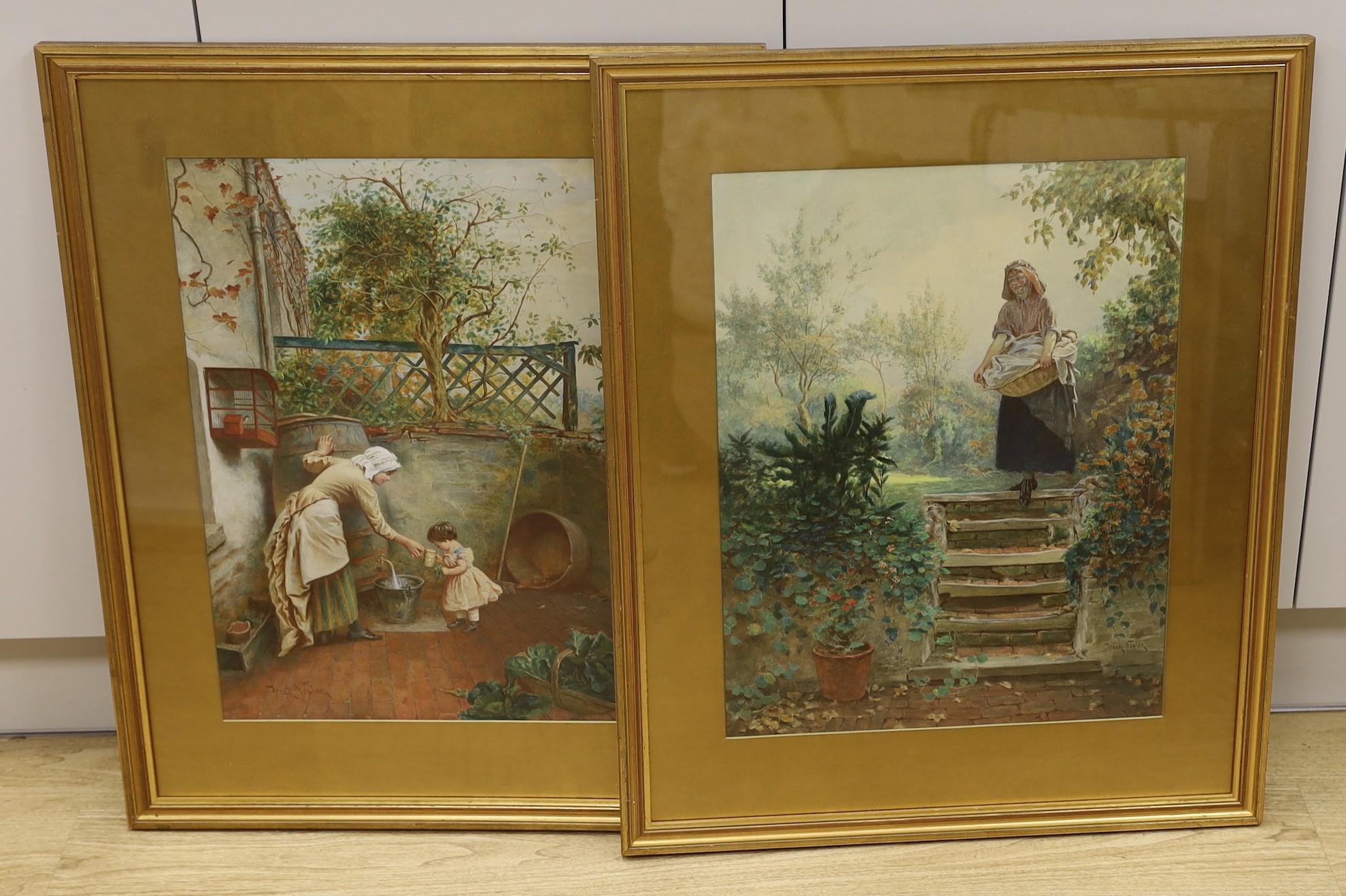 Frank Nowlan (1835-1919), pair of watercolours, Maid fetching water for an infant and Maid carrying laundry, signed, 54 x 42cm
